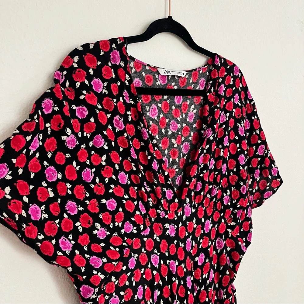 Zara Red Pink Floral Maxi Dress Romantic Cottagecore Boho Spring Whimsigoth - Picture 4 of 14